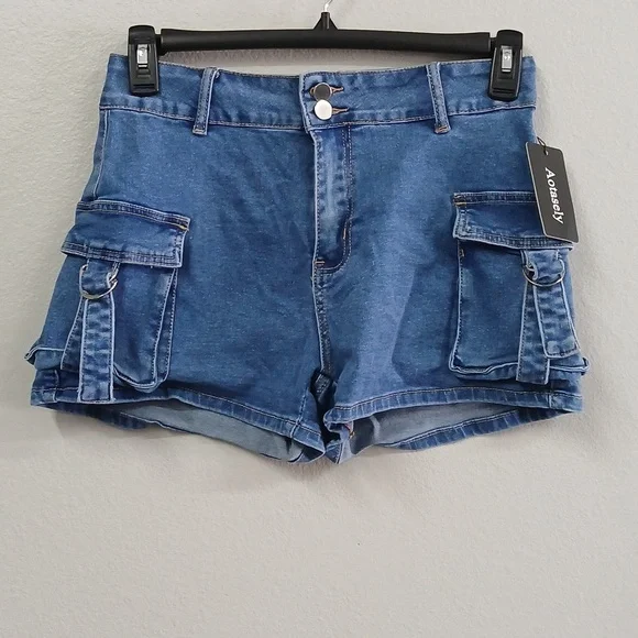 NWT Aotasely Blue Denim Mini Cargo Shorts Size L (12-14) - Picture 5 of 10